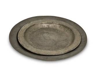 1044
17th century
Two Spanish Colonial Pewter Trays
Unmarked
2 pieces
Larger: 1.75" H x 17.75" Dia.; smaller: 1.625" H x 14.625" Dia.
Estimate: $300 - $500