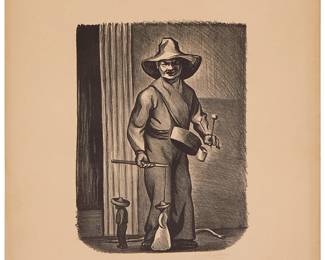 1160
Jesus Escobedo
1918-1978
Standing Figure With Marionettes, 1945
Lithograph on paper
Edition: 3/20
Signed, dated, and numbered in pencil in the lower margin, at right: Jesus Escobedo
Image: 15.75" H x 10.75" W; Sheet: 25.625" H x 19.75" W
Estimate: $700 - $900