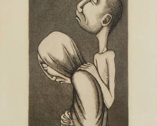 1164
Caroline Durieux
1896-1989
"Blind," 1933
Etching and aquatint on paper
Edition: 3/5
Signed, dated, and numbered in pencil in the lower margin: Caroline Durieux; titled in pencil in the lower margin edge, at right
Plate: 8" H x 5.25" W; Sight: 12.5" H x 8.75" W
Estimate: $500 - $700