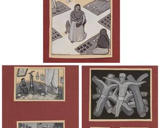 1069
René D'Harnoncourt (1901-1968)
Three sheets of red paper with six works tipped to the paper mounts with various depictions of daily life and religious imagery
Five unsigned; one signed and dated lower left: Rene d'Harnoncourt
Each sheet: 14.25" H x 11.375" W
Estimate: $700 - $900