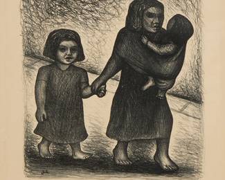 1161
Jesus Escobedo
1918-1978
Mother And Children
Lithograph on paper
Edition: 14/15
Signed and numbered in the lower margin: Jesus Escobedo
Image: 14.5" H x 12.5" W; Sight: 21" H x 16" W
Estimate: $400 - $600