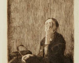 1288
Kathe Kollwitz
1867-1945
"At The Church Wall", 1893
Etching and drypoint on wove paper
From the edition of unknown size; printed posthumously
Appears unsigned; with the Alexander von der Becke Munchen-22 blindstamp in the image, lower right
Plate: 9.875" H x 5.25" W
Estimate: $300 - $500