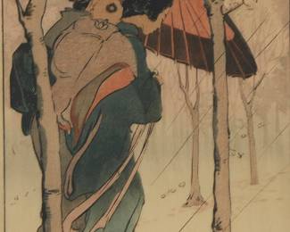 1259
Helen Hyde
1868-1919
"Cherry Blossom Rain," 1905
Woodcut in colors on Japon paper
Signed in pencil and with the artist's red chopmark lower right: Helen Hyde; with the printed signature, date, and copyright lower left
Image: 17" H x 9.75" W; Sight: 17.5" H x 10" W
Estimate: $500 - $700