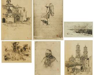 1136
Cadwallader Lincoln Washburn (1866-1965)
Six works:
A group of four landscapes and two portraits
Each: Etching on paper
Each: Signed in pencil in the lower margin, at right: Cadwallader Lincoln Washburn; all but one titled in pencil in the lower margin, at left; three with red ink stamp with Chinese characters, lower right; church with bell towers inscribed lower margin, at left: To my friend Frederick W. Davis
Sight of Largest: 12.5" H x 8.5" W
Estimate: $500 - $700
