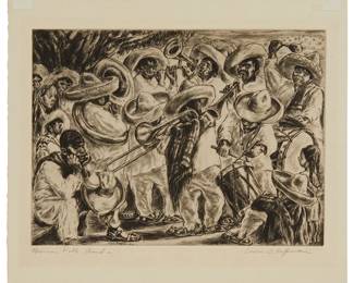 1190
Irwin D. Hoffman
1901-1989
"Mexican Folk Band," 1936
Etching on wove paper
From the edition of unknown size
Signed and titled in pencil in the lower margin: Irwin D. Hoffman
Plate: 8" H x 11" W; Sheet: 10.625" H x 12.625" W
Estimate: $200 - $300
