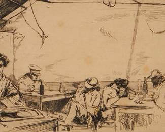 1252
James McNeill Whistler
1834-1903
"Soupe A Trois Sous," 1859
Etching in black ink laid Japan paper
Edition: Only state; Glasgow lists a total of 56 known impressions
With the printed signature in the plate at upper center: Whistler
Plate: 5.625" H x 8.875" W; Sheet: 7.75" H x 10.5" W
Estimate: $600 - $800