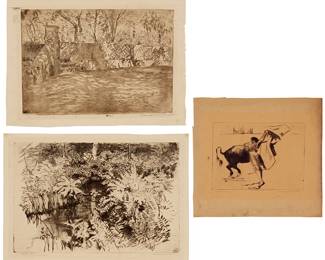 1137
Cadwallader Lincoln Washburn (1866-1965)
Three works:
"Stone Ranch, Bordo Garden"
Etching on Japanese paper
Signed and titled in pencil in the lower margin: Cadwallader Washburn
Plate: 8" H x 12" W; Sheet: 10" H x 14.25" W
"Veronica Gaonera"
Etching on thin brown paper
Signed and titled in pencil in the lower margin: Cadwallader Washburn; signed again in pencil on the overmat
Plate: 6" H x 8" W; Sheet: 10.5" H x 10.25" W
"Wood Notts, Norlands Series III"
Etching and drypoint on Japanese paper
Signed, titled, and inscribed in pencil in the lower margin: Cadwallader Washburn / First Impression, Initial State
Plate: 8" H x 12" W; Sheet: 9.5" H x 13.5" W
Estimate: $200 - $300
