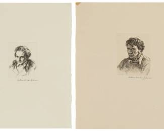1261
Arthur William Heintzelman (1881-1965)
Two works:
"Study of Young Beethoven," 1943
Drypoint on laid paper
From the edition of 200
"Amish Elder," 1949
Drypoint on laid paper
From the edition of unknown size
Each signed in pencil in the lower margin, at right: Arthur W Heintzelman; with the printed title and edition information as part of the colophon on the interior of the original wove paper presentation mat/folder into which each is taped down at the tips of the upper margin corners; The Miniature Print Society, Hicksville, NY, pub.
Plate of the largest: 3" H x 2.5" W; Sheet of the largest: 9" H x 8" W
Estimate: $100 - $200