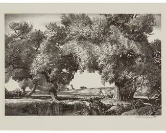 1295
Stow Wengenroth
1906-1978
"Cape Ann Willows," 1947
Lithograph on paper
From the edition of 272
Signed in pencil in the lower margin, at right: Stow Wengenroth; titled on a label affixed to the back mat; with the "Property Society of Print Connoisseurs" blindstamp in the lower margin, at left
Image: 8.875" H x 13.625" W; Sheet: 11" H x 16" W
Estimate: $200 - $300