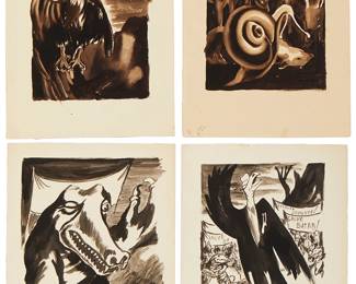 1192
Fernando Castro Pacheco
1918-2013
Twenty-Two Political Images, Circa 1942
India ink and pencil on cream or tan wove papers
Six of the images signed in either the lower left of lower right corner of the image, two of which are also dated: Castro; three of the other are each titled within the image; the remaining thirteen unsigned and without title or date
Image of each: 9" H x 7.5" W approx.; Sheet of each: 13" H x 10" W
Estimate: $300 - $500