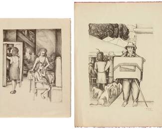 1234
Francisco Mora (1922-2002)
Two works:
Women getting dressed, 1944
Lithograph on paper
Signed and dated in pencil in the lower margin, at right: Mora
Image: 11" H x 8.75" W; Sheet: 14.75" H x 11.25" W
Market scene, 1944
Lithograph on paper
Signed and dated in pencil in the lower margin, at right: Mora
Image: 17" H x 13.5" W; Sheet: 25.25" H x 18.75" W
Estimate: $300 - $500