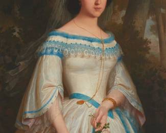 1123
19th Century Mexican School
Portrait of a lady wearing gold jewelry in a white dress,1867
Oil on canvas
Signed indistinctly, dated, and inscribed lower right: P.F. Monr[***] pinta / Mejico
43" H x 33" W
Estimate: $1,000 - $1,500