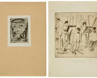 1222
Isidoro Ocampo (1910-1983)
Two works:
"En el Camion", 1932
Etching on paper
Edition: 1/30
Signed, dated, and numbered in pencil in the lower margin: I. Ocampo; titled in pencil on the lower edge of the mat, at left
Plate: 5.75" H x 4.25" W; Sheet: 6.875" H x 5.125" W
Choir practice, 1930
Etching on laid paper, watermark Ingres
Edition: 2/30
Signed, dated, and numbered in pencil in the lower margin: I. Ocampo
Plate: 10.375" H x 9.875" W; Sheet: 17.375" H x 12.5" W
Estimate: $500 - $700