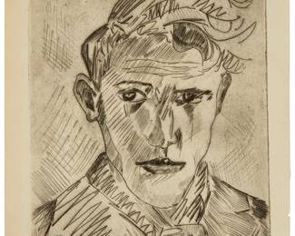 1078
Isidoro Ocampo
1910-1983
"Autoretrato," 1929
Etching on laid paper
Edition: 2/10
Signed, titled, dated, and numbered in pencil in the lower margin: I. Ocampo
Plate: 10.125" H x 8.5" W; Sheet" 12.125" H x 10" W
Estimate: $400 - $600