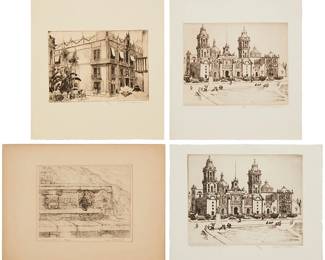 1301
Oliver Milburn (1883-1932) And Richard C. Gosline (20th Century)
Four works:
Oliver Milburn (1883-1932)
"The Cathedral - Mexico City," circa 1920 (two duplicates)
Each: Etching, one on laid paper (3/90) and one wove paper, watermark Alexandra (4/90)
Edition: 3/90 and 4/90
Each: Signed and numbered in pencil in the lower margin, at right: Oliver Milburn
Plate: 6" H x 7.5" W; Sheet of largest: 10.5" H x 9.375" W
(2 pieces)
Oliver Milburn (1883-1932)
Street corner in Mexico
Etching on wove cream paper, watermark Made in U.S.A
Edition: 2/90
Signed and numbered in pencil in the lower margin, at right: Oliver Milburn
Plate: 5" H x 7" W; Sheet: 10.25" H x 9.25" W
Richard Gosline (20th century)
"Temple Quetzalkoatal," 1932
Etching and drypoint on toned wove paper
Signed, titled, and dated in pencil in the lower margin: Richard C. Gosline; titled in pencil again, verso
Plate: 5.5" H x 7" W; Sheet: 8.625" H x 10.5" W
Estimate: $200 - $400