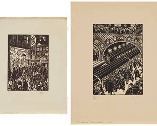 1193
Frans Masereel (1889-1972)
Two works:
Commuters at a train station from "The City," 1925
Woodcut on toned wove paper
Edition: H.C.
Bears initials and inscribed in pencil in the lower margin: FM; Signed and dated in pencil in the lower sheet edge, possibly in another hand: Frans Masereel
Image: 6.5" H x 4.75" W; Sheet: 11" H x 9" W
Night scene with musicians from "The City," 1925
Woodcut on wove paper
Edition: 18/100
Bears initials and numbered in pencil in the lower margin; Signed and dated in pencil in the lower sheet edge, possibly in another hand: Frans Masereel
Image: 6.375" H x 4.5" W; Sheet: 11" H x 8.625" W
Estimate: $400 - $600