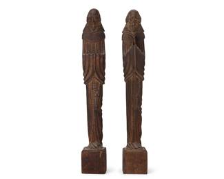 1115
Early 20th century
A Pair Of Mexican Carved Wood Monks
Each with carved marks: Miguel / Magaña / [illegible] / Mex.
The robed monks with draped rosaries, one depicted with prayer hands, the other with arms folded
Each: 23.75" H x 3.5" W x 3" D approximately
Estimate: $300 - $500