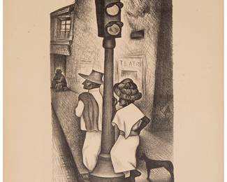 1159
Jesus Escobedo
1918-1978
Couple Waiting By The Street Corner
Lithograph on paper
Edition: 20/20
Signed and numbered in pencil in the lower margin, at right: Jesus Escobedo
Image: 20.5" H x 11" W; Sheet: 20.5" H x 19.625" W
Estimate: $700 - $900