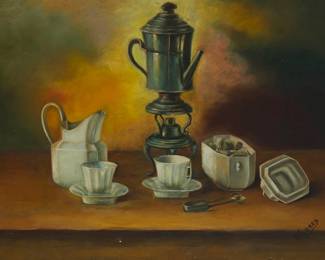 1267
N. Flores
20th century
Still Life With Coffee Services
Oil on canvas
Signed lower right: N. Flores
22.25" H x 31.5" W
Estimate: $300 - $500