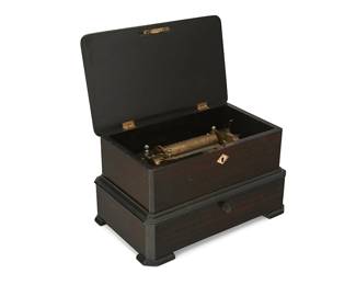 1270
Late 19th century
A Swiss Cylinder Music Box
Marked to controller knob: Swiss / JB [in a butterfly] / Patent / 303; marked to lock plate: FRIBO
The 55-note, 6-air music box with hand crank, repeat/change lever, and stop/play switch, housed in an ebonized faux-wood veneered case with brass hardware, mother of pearl inlaid accents, and single drop cabinet door revealing six cylinders for different songs in their own slot
9.125" H x 16" W x 10" D
Estimate: $300 - $500