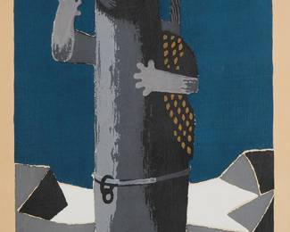 1316
Umetaro Azechi
1902-1999
"Stand On The Snow Gorge," 1956
Woodcut in colors on paper
Edition: 146/200
Signed and dated in English and Japanese, and numbered, all in pencil, in the lower margin: U. Azechi; International Graphic Arts Society, pub.
Image: 21.25" H x 13.75" W; Sight: 22.875" H x 15.625" W
Estimate: $300 - $500