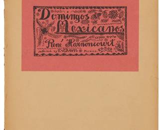 1066
René D'Harnoncourt (1901-1968), "Domingos Mexicanos (Mexican Sundays)," Circa Late 1920s
Eight works:
"Descano Dominical," "La Tia Aurelia," "La Tia Rosalia," "Alma Y Corazon," "La Orquesta de la Carpa," "La Titeres," and "Fin de Fiesta" from "Domingos Mexicanos"
Seven original watercolors hinged to various colored paper
Each: Unsigned; The seven original watercolors that are reproduced in "Domingos Mexicanos," are all contained in a brown paper folder with the hand-written ink title, "Domingos Mexicanos"
"Domingos Mexicanos (Mexican Sundays),"
The paper folio book of 10 reproductions of watercolor tableaus on paper, mounted from the verso of the upper sheet edge on the original blue-colored paper in the book
Edition: 105/300
With the printed title on a small sheet of red paper, affixed to the book cover, the original preface by Howard S. Phillips, and published by Frederick W. Davis, Mexico City, Mexico
Estimate: $800 - $1,200