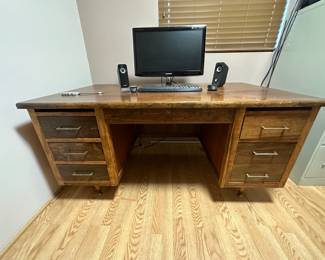 Mid Century Modern Dovetail Desk Lazboy Chair With Samsung TV Monitor And Accessories
