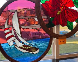 Stained glass window hangings flower and sailboat
