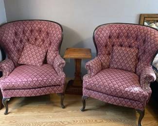Pair Of Tufted Chairs And Wood Side Table