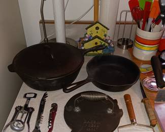 Unmarked Cast Iron Pans and Press!