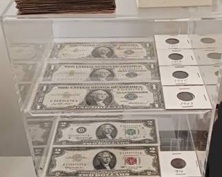 Small Coin Collection, 3 Silver Certificate Dollars, 2 $2 Bills, $2 &$1 Canadian Bills, Wheat Pennies, Canadian Coins, Foreign Coins, Susan B. Anthony's,  Kennedy Half Dollars