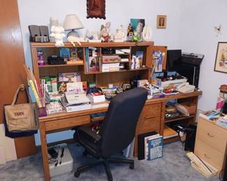 An Abundance of Office Items. Nice Office Desk and Chair. Newer HP. Computer System! 2 Drawer Filing Cabinet!