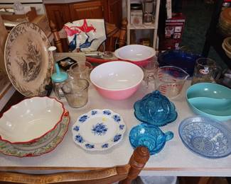 Variety of Kitchen Goodies! Large Pink Pyrex Mixing Bowl, Large Turkey Platter, Blue Cut Glass Butter Dish and Pink Pyrex Handled Bowl
