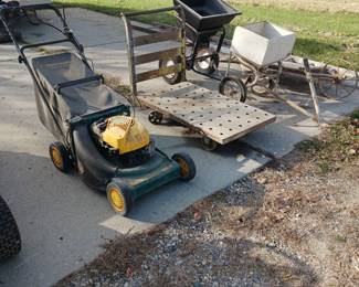 Yardman Push Mower, 2 Pull Behind Seeders, Metal Cart