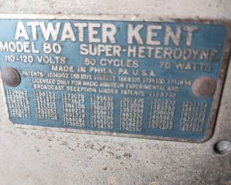 Identifier plate for Atwater Kent model 80 radio