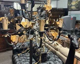 Vintage Chadelier Floor Lamp/Chesterfield Black Leather Couch