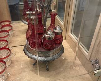 Cranberry Glass Cruet  With Stand 