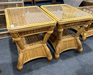 Wicker End Tables Glass Top Light beige 