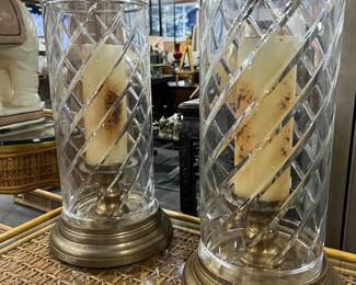 Vintage Cut Crystal Hurricane Lamps With Metal Base
