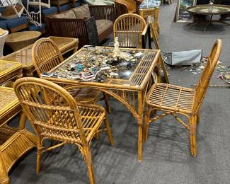 Bamboo Table Four Chairs Glass Wood 