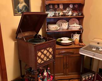 Edison Record player with albums; beautiful mission style Maple hutch with drawer & lower storage compartment 