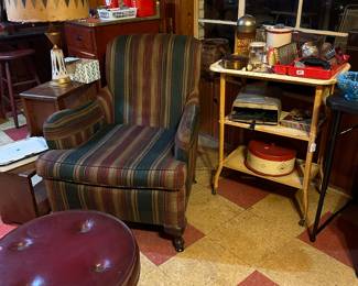 Mid Century Modern Chair, Round burgundy ottoman, 3 tiered metal cart