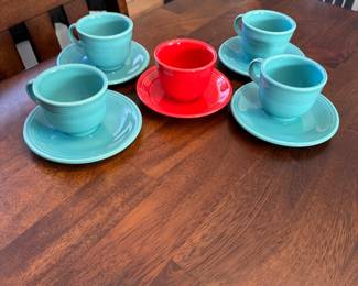Fiesta Ware smaller (cappuccino) teal and red cups and small plates 