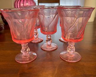 Set of 5 Fostoria Jamestown Pink wine glasses, some haziness from wear