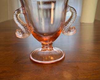 Fenton glass pink dolphin handled candy 5.5"H
