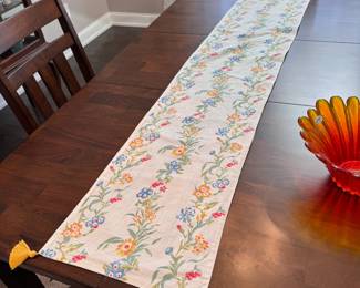 Cream floral table runner with tassels 68"L