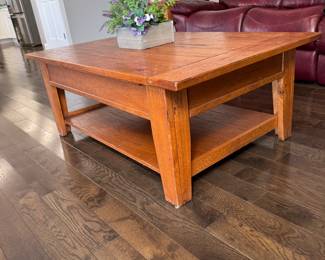 Broyhill Attic Heirlooms coffee table with 2 drawers and lower shelf, some scratches, mild wear overall 18"H x 32"W x 50"L