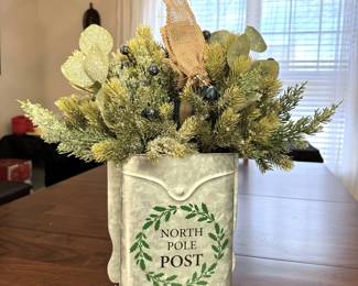 Metal North Pole Post box with evergreen & berry arrangement 15"H x 9"W