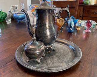 Wm. Rogers silverplated coffee pot, sugar and tray (needs some polish) 