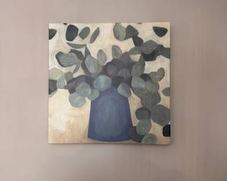 Floral print on canvas with green leaves in blue planter 16" x 16"